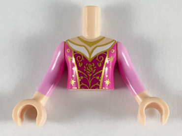 FTGpb251c01 - Torso Mini Doll Girl Dark Pink Dress, Magenta Front, Gold Necklace, Filigree Pattern, Light Nougat Arms with Hands with Bright Pink Sleeves
