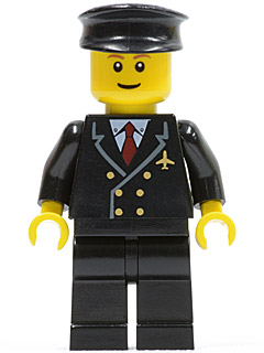 air022 - Airport - Pilot with Red Tie and 6 Buttons, Black Legs, Black Hat, Brown Eyebrows, Thin Grin