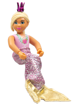 belvfemale56a - Belville Female - Pink Swimsuit with Seashell Pattern, Light Yellow Hair, Crown, Mermaid Tail