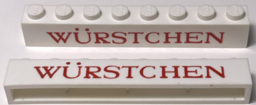 crssprt01pb016 - Brick 1 x 8 without Bottom Tubes with Cross Side Supports with Red 'WÜRSTCHEN' Thin Pattern ('WURSTCHEN')