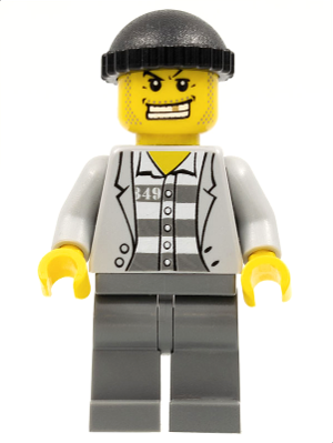 cty0206 - Police - Jail Prisoner Jacket over Prison Stripes, Dark Bluish Gray Legs, Black Knit Cap, Gold Tooth