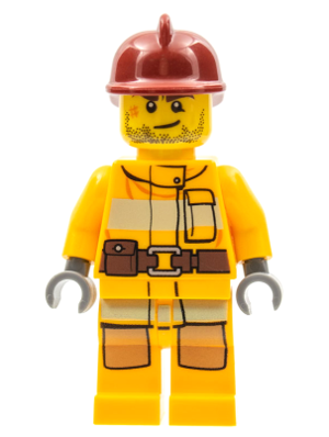 cty0302 - Fire - Bright Light Orange Fire Suit with Utility Belt, Dark Red Fire Helmet, Crooked Smile and Scar