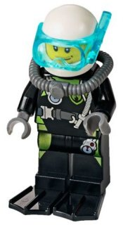 cty0639 - Fire - Scuba Diver, Black Flippers, Dark Bluish Gray Scuba Tank, White Helmet, Trans-Light Blue Scuba Mask
