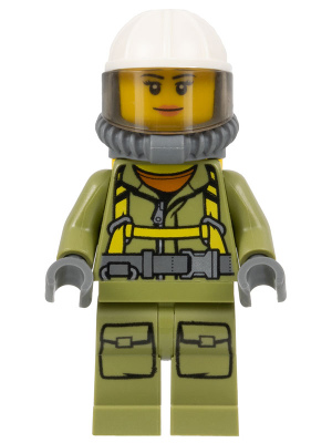 cty0681 - Volcano Explorer - Female Worker, Suit with Harness, Construction Helmet, Breathing Neck Gear with Air Tanks, Trans-Brown Visor