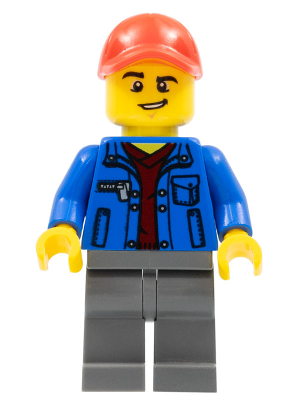 cty0800 - Truck Driver - Blue Jacket over Dark Red V-Neck Sweater, Dark Bluish Gray Legs, Red Cap with Hole, Lopsided Grin