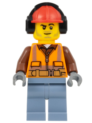 cty0955 - Construction Worker - Male, Orange Safety Vest, Reflective Stripes, Reddish Brown Shirt, Sand Blue Legs, Red Construction Helmet with Black Ear Protectors / Headphones, Stubble