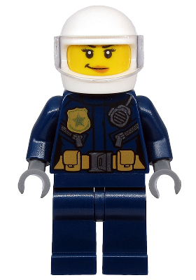 cty1132 - Police - ATV Driver Female, Leather Jacket with Gold Badge and Utility Belt, White Helmet, Trans-Clear Visor, Peach Lips Smirk