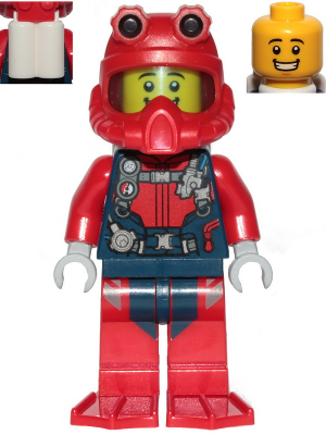 cty1173 - Scuba Diver - Male, Open Mouth Smile, Red Helmet, White Air Tanks, Red Flippers