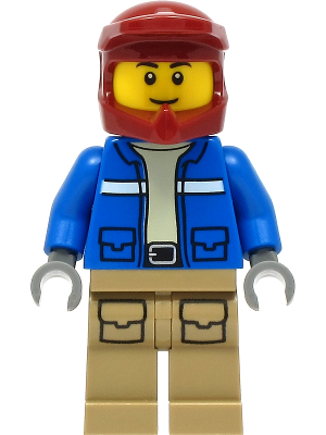 cty1295 - Wildlife Rescue Explorer - Male, Blue Jacket, Dark Red Helmet, Dark Tan Legs with Pockets, Thin Grin