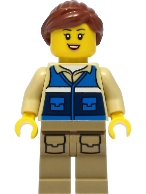 cty1300 - Wildlife Rescue Worker - Female, Blue Vest with 'RESCUE' Pattern on Back, Dark Tan Legs with Pockets, Reddish Brown Hair