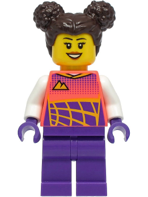 cty1331 - Stuntz Driver - Female, Coral Racing Shirt with White Arms, Dark Purple Legs, Dark Brown Hair with Buns
