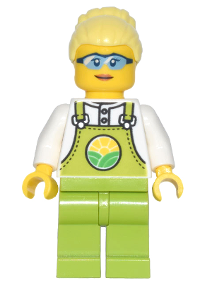 cty1441 - Farmer Peach - Lime Overalls over White Shirt, Lime Legs, Bright Light Yellow High Bun, Glasses