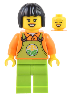 cty1444 - Farmer - Female, Lime Overalls over Orange Shirt, Lime Legs, Black Short Hair