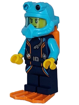 cty1609 - Arctic Explorer Diver - Male, Dark Blue Diving Suit, Orange Air Tanks and Flippers, Medium Azure Helmet