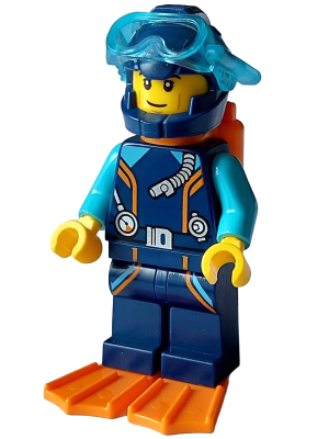 cty1639 - Arctic Explorer Diver - Male, Dark Blue Diving Suit and Helmet, Orange Air Tanks and Flippers, Trans-Light Blue Diver Mask, Grin