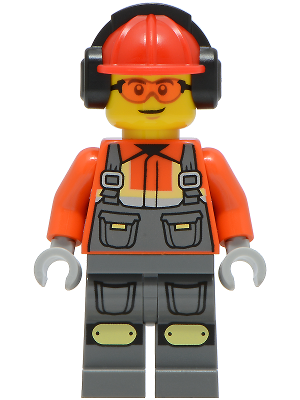 cty1819 - Construction Worker - Male, Reddish Orange Safety Jacket, Reflective Stripe, Dark Bluish Gray Overalls, Red Construction Helmet with Black Ear Protectors / Headphones, Safety Glasses