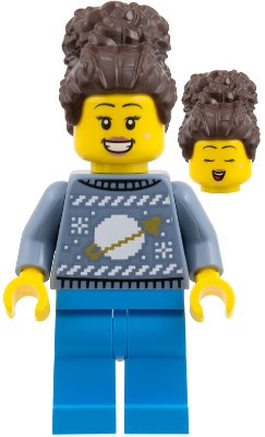 cty1933 - Woman - Sand Blue Space Holiday Sweater, Dark Azure Legs, Dark Brown Coiled Hair with Bun