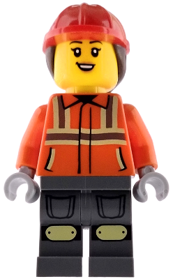 cty1972 - Construction Worker - Female, Reddish Orange Safety Jacket with Reflective Stripes, Dark Bluish Gray Legs, Red Construction Helmet with Dark Brown Ponytail Hair, Open Mouth Smile with Top Teeth