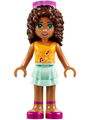 frnd0173 - Friends Andrea - Light Aqua Layered Skirt, Bright Light Orange Top with Music Notes, Trans-Dark Pink Glasses