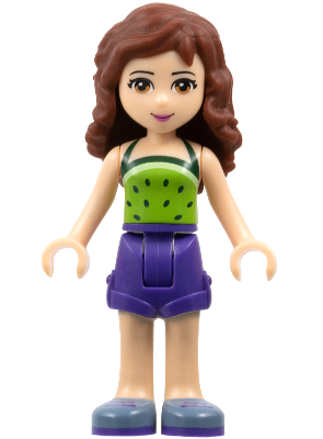 frnd0187 - Friends Olivia (Light Nougat) - Dark Purple Shorts, Lime Halter Top with Dark Green Spots Pattern
