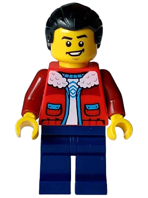 hol354 - Man - Red Jacket with White Fleece Collar, Dark Blue Legs, Black Hair Ponytail
