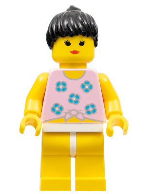 par004 - Blue Flowers - Yellow Legs, Black Ponytail Hair