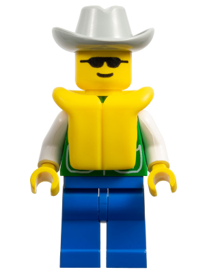 pck012 - Jacket Green with 2 Large Pockets - Blue Legs, Light Gray Cowboy Hat, Life Jacket