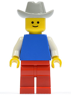 pln039 - Plain Blue Torso with White Arms, Red Legs, Light Gray Cowboy Hat