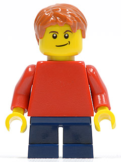 pln160 - Plain Red Torso with Red Arms, Dark Blue Short Legs, Lopsided Smile (Child)