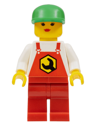 rep002 - Repair - Overalls Red with Wrench Pattern, Red Legs, Green Cap, Female
