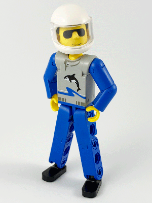 tech021b - Technic Figure Blue Legs, Light Gray Top with Orca Pattern, Blue Arms, White Helmet