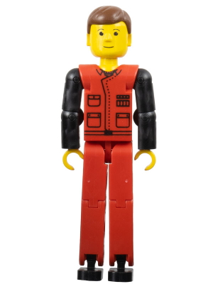 tech028 - Technic Figure Red Legs, Red Top with Black Pattern, Black Arms, Brown Hair