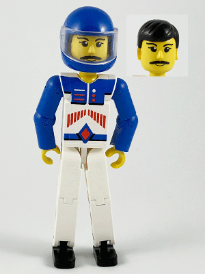 tech037a - Technic Figure White Legs, White Top with Red Arrow-Type Stripes Pattern, Blue Arms, Blue Helmet