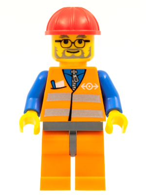 trn143 - Orange Vest with Safety Stripes - Orange Legs and Dark Bluish Gray Hips, Red Construction Helmet, Dark Bluish Gray Beard, Glasses