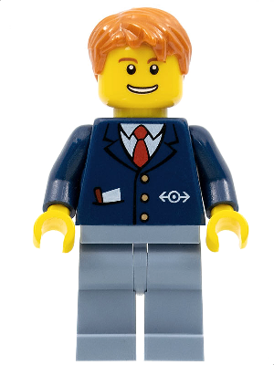 trn146 - Train Conductor - Male, Dark Blue Suit with Train Logo, Sand Blue Legs, Dark Orange Hair