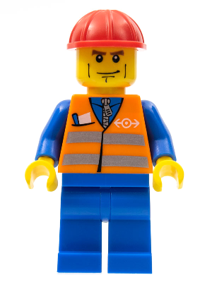 trn231 - Orange Vest with Safety Stripes - Blue Legs, Brown Eyebrows and Cheek Lines, Red Construction Helmet