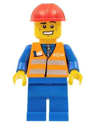 trn232 - Orange Vest with Safety Stripes - Blue Legs, Cheek Lines and Wide Grin, Red Construction Helmet