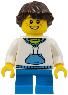 twn247 - Child - Girl, White Hoodie with Medium Blue Pocket, Dark Azure Short Legs, Dark Brown Braided Ponytail, Freckles