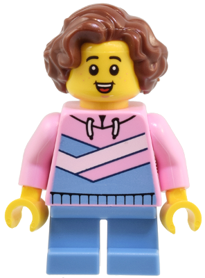 twn504 - Child - Girl, Bright Pink Hoodie with Medium Blue and White Diagonal Stripes, Medium Blue Short Legs, Reddish Brown Wavy Hair