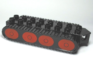x1028c01pb01 - Duplo Bulldozer Base with Treads and 8 Red Wheels Pattern (Bob the Builder Muck)