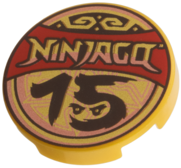 14769pb833 - Tile, Round 2 x 2 with Bottom Stud Holder with 'NINJAGO 15', Red Banner, Copper Trim Pattern