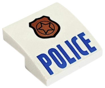 15068pb046b - Slope, Curved 2 x 2 x 2/3 with Copper Badge with Star and Black Outline, Blue 'POLICE' Pattern