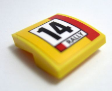 15068pb062 - Slope, Curved 2 x 2 x 2/3 with Number 14, Red Stripe and Black 'RALLY' Pattern (Sticker) - Set 60113