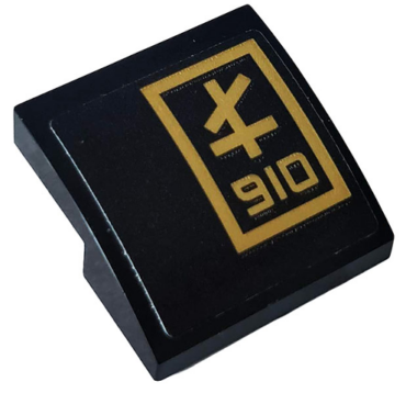 15068pb242R - Slope, Curved 2 x 2 x 2/3 with Gold '910' and Ninjago Logogram Letter L in Rectangle Pattern Model Right Side (Sticker) - Set 70612