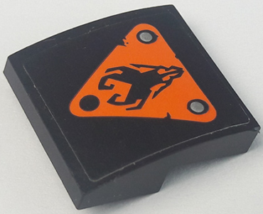 15068pb509 - Slope, Curved 2 x 2 x 2/3 with Orange Triangle, Silver Rivets and Ninjago Dragon Hunter Skull Logo Pattern (Sticker) - Set 70654