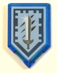 22385pb100 - Tile, Modified 2 x 3 Pentagonal with Nexo Power Shield Pattern - Titanium Sword