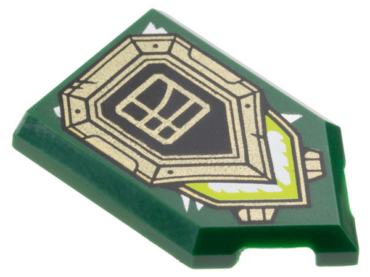 22385pb289 - Tile, Modified 2 x 3 Pentagonal with Black and Gold Shield, Ninjago Logogram Letter L in Square, and Lime and White Light Pattern