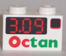 3004px1 - Brick 1 x 2 with Red Digital '3.09' on Black Rectangle, Octan Logo Pattern