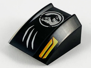 30602pb108 - Slope, Curved 2 x 2 Lip with Orange and Yellow Headlights, Silver Scratches and Jurassic World Logo Pattern