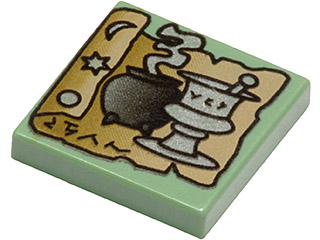 3068pb0014 - Tile 2 x 2 with HP Tan Scroll, Black Cauldron and Silver Mortar and Pestle Pattern